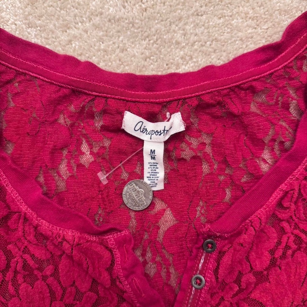 Y2K/Early 2000's Aeropostale Sheer Floral Red Lace Long Sleeve Size M - Picture 5 of 5